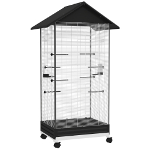 PawHut Jaula para Pájaros con Ruedas Pajarera Metálica con Bandeja Extraíble Puertas 79x65x155 cm Negro