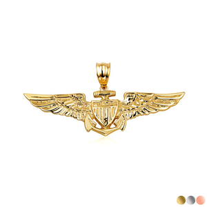 Gold United States Navy Officially Licensed Shield Eagle Anchor Emblem Pendant Necklace (Available in Yellow/Rose/White Gold)