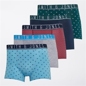 Smith And Jones Mens Cliffo Five Pack Boxer Shorts AOP/Navy/Grey Marl Aop/Navy/Aop/Aop/Grey Marl