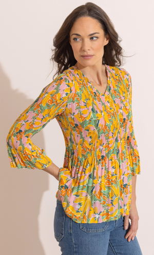 Floral Print Pleated Top - Yellow/Green