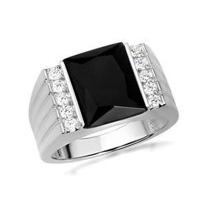 .925 Sterling Silver Black Onyx Birthstone Cubic Zirconia Signet Ring