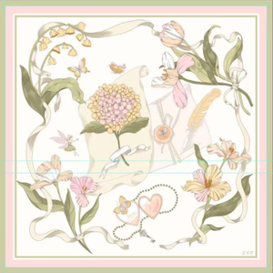 Ivory Floral Ribbon Silk Twill Scarf – Printed Mulberry Silk, Wedding Guest & Gift