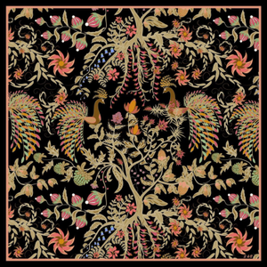 Phoenix Garden Wool Silk Scarf – Black Floral Wrap, Hand-Rolled Hem, Winter Gift