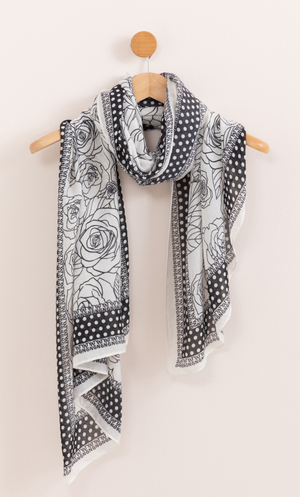 Lightweight Floral Sketch And Spotty Border Printed Scarf - Black/White