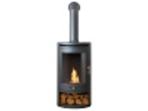 OKO S5 Bio Ethanol Cylinder Stove with Log Storage in Charcoal Grey & Tall Angled Metal Stove Pipe