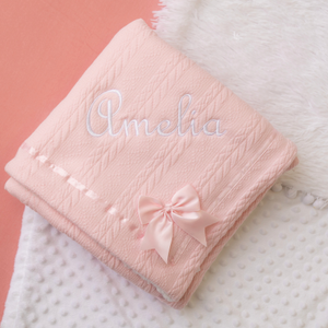 Chevron Knit Wrap Blanket with Satin Bow - Baby Pink