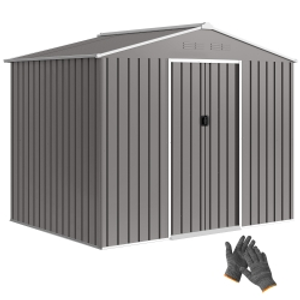 Outsunny 8 x 6ft Galvanised Steel Shed, with Double Door - Light Grey