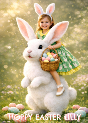 Hoppy Easter Girl Sitting On Giant Bunny Face Swap Card