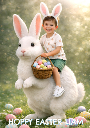 Hoppy Easter Boy Sitting On Giant Bunny Face Swap Card