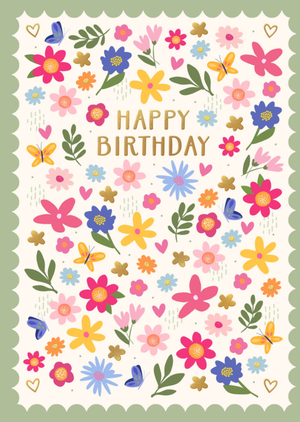 Bright Flowers & Butterfly Illustrated Happy Birthday Card