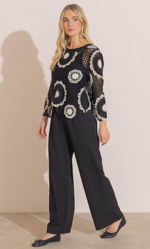 Wide Leg Textured Pull On Trousers - Black