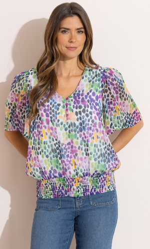 Spot Printed Smocked Hem Top - Lilac/Green