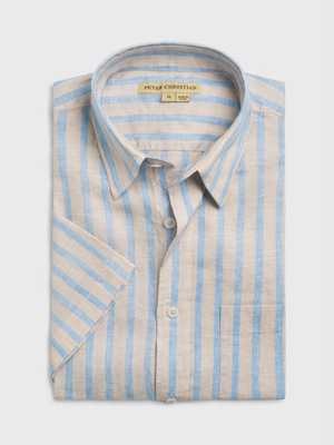 Blue & Natural Stripe Linen Short Sleeve Shirt