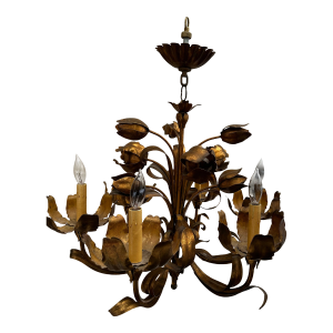 Vintage Gilt Hollywood Regency Chandelier With Metal Tulips
