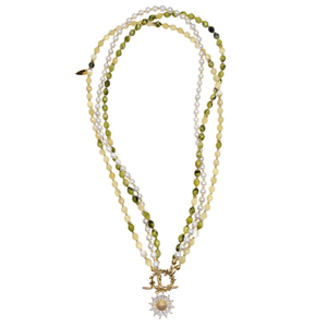 Yellow Green Gemstone And Pearls Necklace With Daisy Pendant