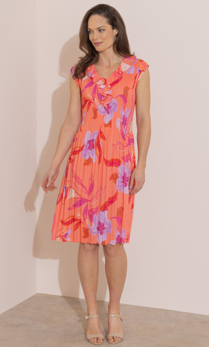Floral Print Ruffle Neck Pleated Dress - Orange/Pink