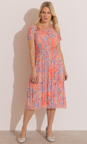Anna Rose Floral Printed Pleated Dress - Sherbert/Multi