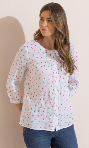 Floral Printed Cotton Blouse - White/Pink/Aqua