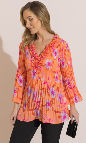 Floral Print Pleated Ruffle Top - Orange/Pink