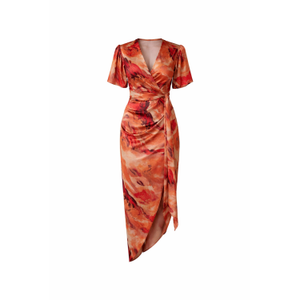 Drew Puff Sleeve Wrap Front Midi Dress Orange Abstract (M)