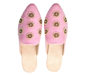 Galaxy Pastel Pink - Handmade Pearl Embroidered Luxury Velvet Pointed Toe Mules By Fuchsia Shoes (8 UK)
