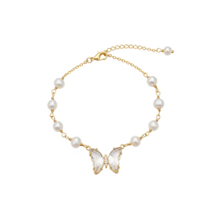 Pearl & Butterfly Crystal Gold Bracelet (one size)