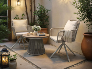 SOLACE+CO Hana Table & Juno Swivel Chairs Garden Bistro Set Beige Rattan
