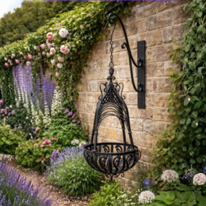 1975 Black Distressed Wrought Iron Garden Hanging Basket