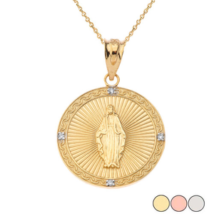 Solid Gold Mary Mother of Jesus Round  Diamond Pendant Necklace (Available in Yellow/Rose/White Gold)