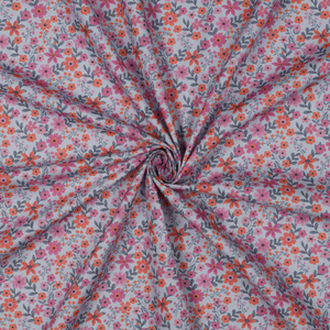 Tissu popeline de coton Cassandre - Fleurs roses et oranges fond bleu clair