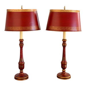 Elegant Red Chinoiserie Table Lamps With Red Tole Shades in the Style of John Rosselli, Pair