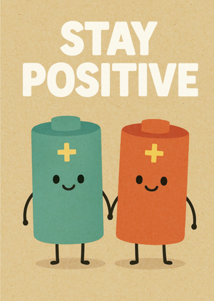 Stay Positive Illustrated Batteries Couple Characters Thinking Of You Card