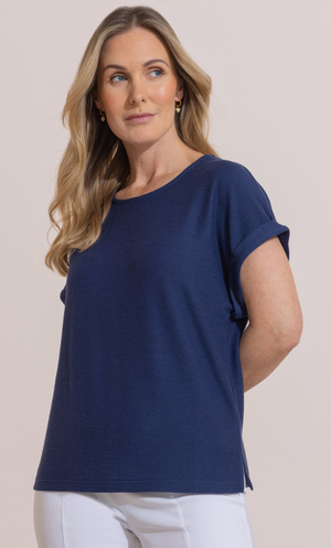 Textured Short Sleeve Round Neck T-Shirt - Navy