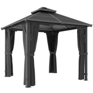 Outsunny 2.5 x 2.5 m Hardtop Gazebo Canopy with 7mm PC Roof, Garden Gazebo Permanent Pavilion with Netting, Curtains, Dark Grey