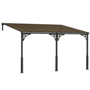 Outsunny 4 x 3 m Metal Lean-to Pergola, Wall-Mounted Garden Pergola with Polycarbonate Roof and Metal-Aluminium Frame, Heavy Duty Hardtop Gazebo for Outdoor Patios, BBQ, Brown