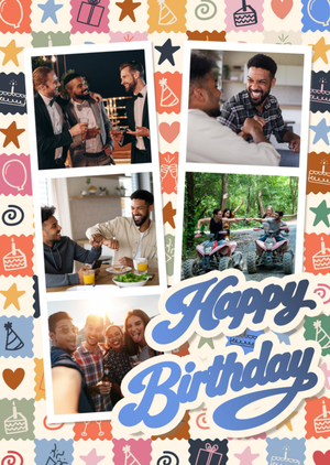Colourful Icons Photo Upload Collage Birthday Card