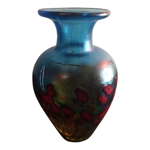 Vintage Robert Held Canada Handpainted California Poppy Pattern Blue Stretch Art Glass Bud Vase