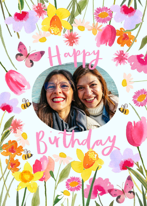 Watercolour Floral Photo Upload Happy Birthday Card