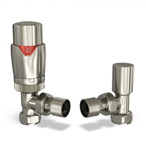 Stirling Bold - Silver Nickel Thermostatic Radiator Valve & Lockshield Angled 15mm