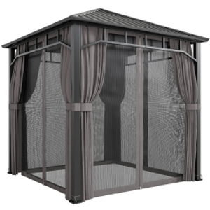 Outsunny 2.5 x 2.5 m Hardtop Gazebo with Galvanised Steel Roof, Waterproof Permanent Pavilion Garden Gazebo with Netting and Curtains for Patio, Deck, Dark Grey