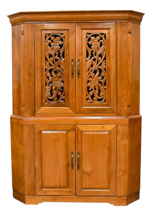 Vintage Carved Birds Wood Corner Entertainment Center Cabinet