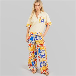Native Youth Womens Patch Pocket Short Sleeve Polo Shirt And Wide Leg Trousers Set Cream/Multi