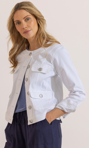 Collarless Cotton Blend Denim Jacket - White