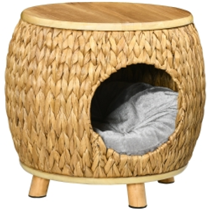 Pawhut Cat Cave made of Water Hyacinth Grass, Washable Cushion, 44 cm x 43 cm x 42 cm Light Brown + Natural Wood + Gray