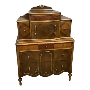 Antique Burled Wood Dresser Bakelite Handles 10 Drawer Tiered Inlaid Trim Solid Wood Depression Era