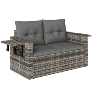 Outsunny 2 Seater Rattan Garden Sofa Outdoor Loveseat with Hidden Side Trays and Cushions for Patio Balcony, Dark Grey