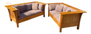 Pair of Stickley Furniture Wine/Blue Geometric Mission Prairie Oak Loveseats / Sofa's
