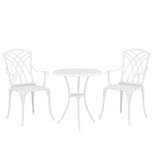 Outsunny 3 Pieces Garden Bistro Set, Cast Aluminium Outdoor Dining Set with 2 Chairs and Round Table with Parasol Hole, White