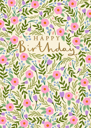 Illustrated Floral Pattern Happy Birthday Card