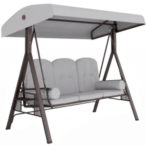 Outsunny 3 Seater Canopy Swing Chair, Outdoor Garden Swing Seat with Adjustable Canopy, Cushions and Cup Trays, Steel Frame, Light Grey
